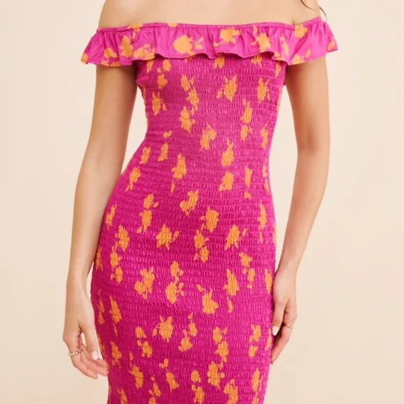 NWT By Anthropologie Smocked Off-The-Shoulder Midi Dress Extra Large Magenta - Picture 6 of 10